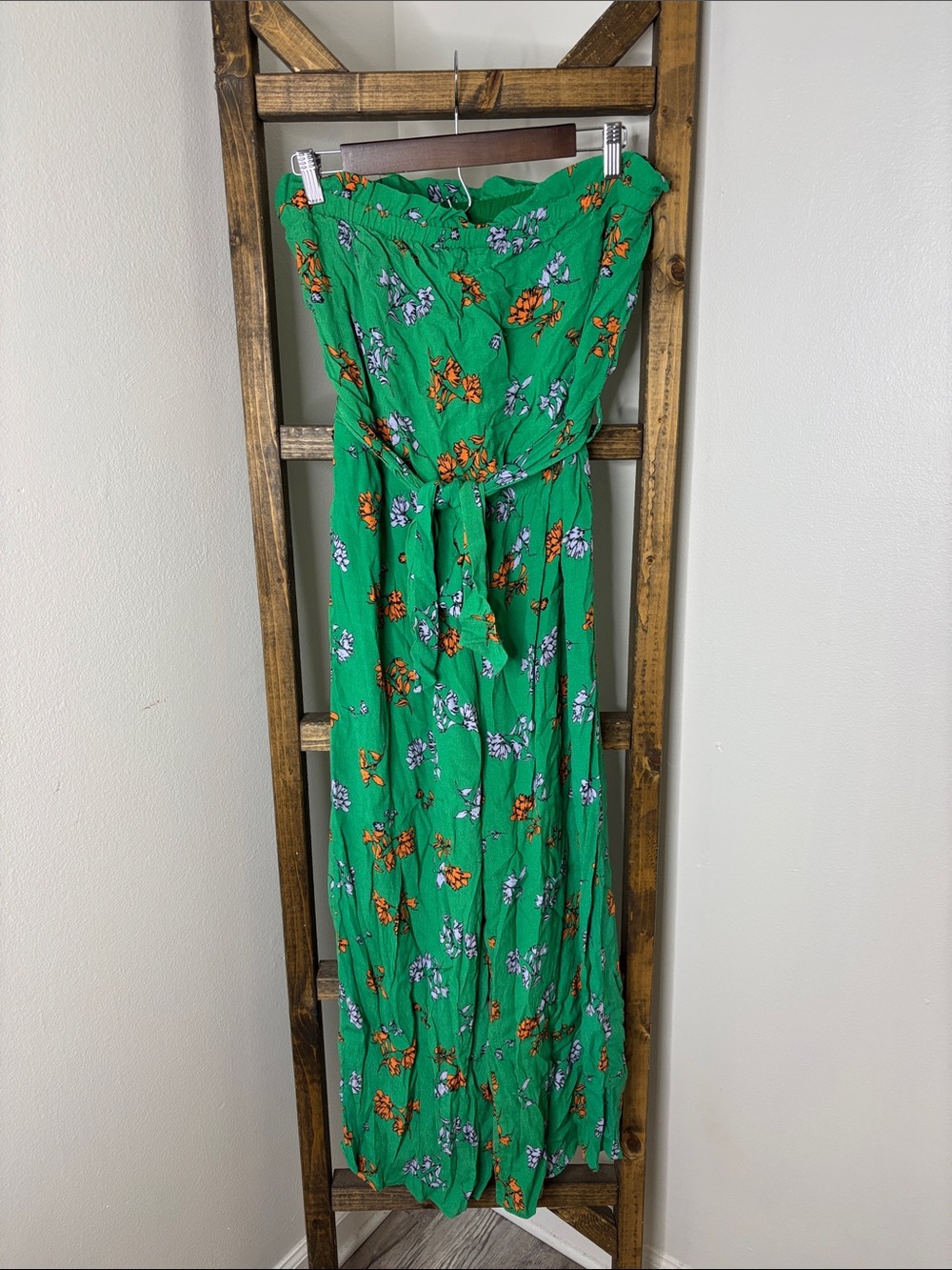 Lost + Wander Green Strapless Floral Jumpsuit with Orange & Lilac Blooms Size L